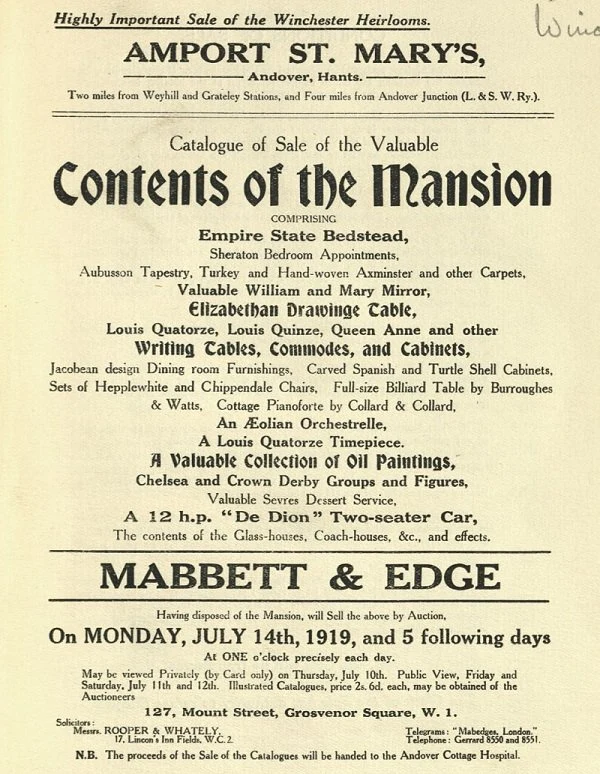 The printed title page of a 1919 UK auction catalogue for "the Winchester Heirlooms," listing oil paintings, tapestries, antique furniture and a motorcar to be sold together