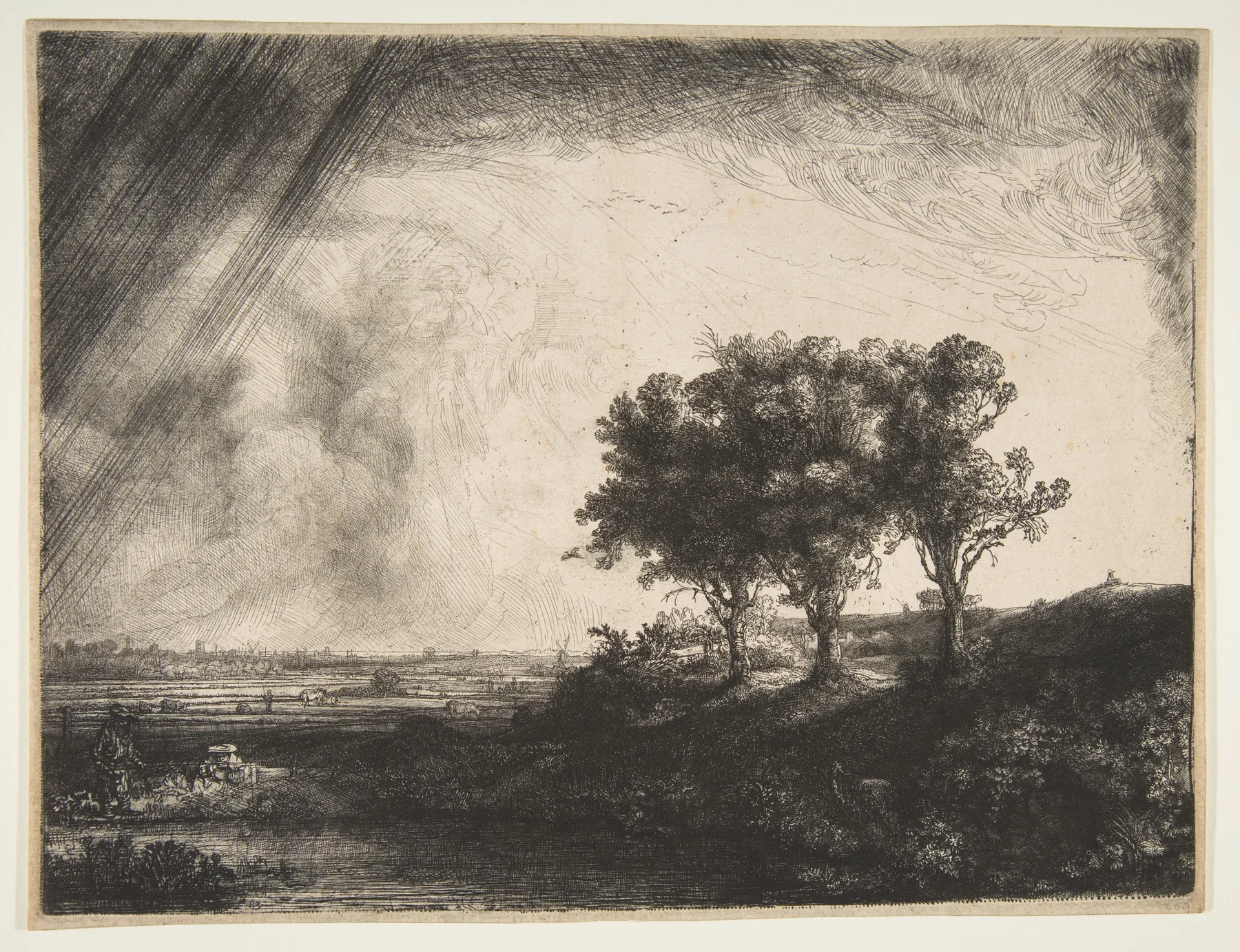 Rembrandt's 1643 etching The Three Trees, showing three tall trees on a rise above a wide flat landscape with a distant town, a stormy sky of dense crosshatched lines at left and open sky at right