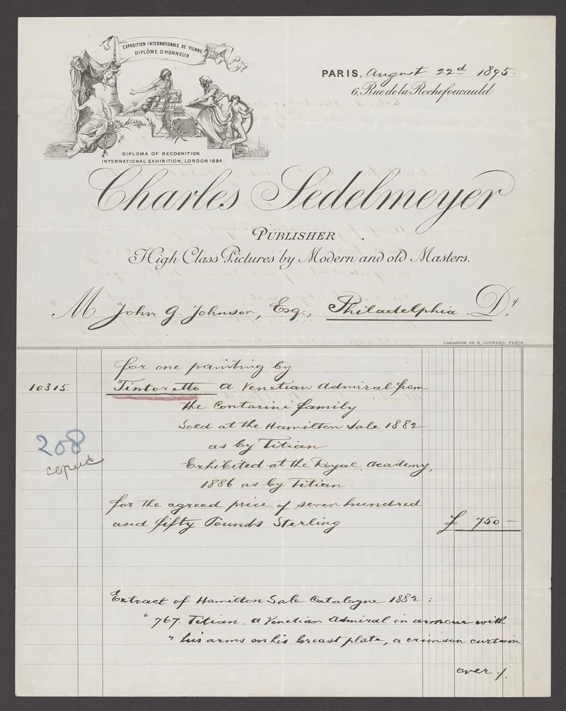 An 1895 handwritten invoice from Paris art dealer Charles Sedelmeyer to a Philadelphia collector, documenting a painting's prior 1882 sale and 1886 exhibition history under an earlier attribution
