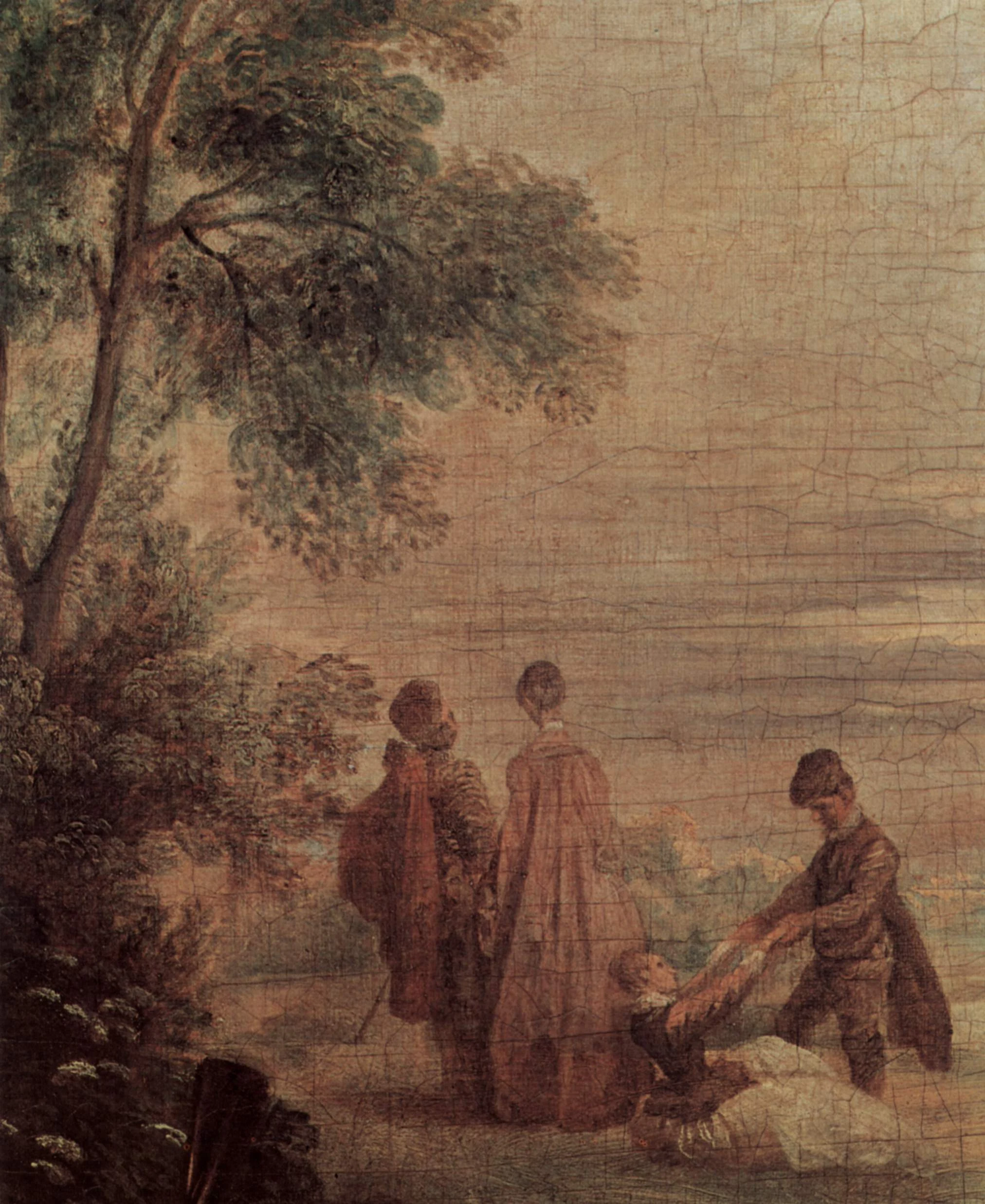 A close detail of an eighteenth-century oil painting showing a dense network of fine age-cracking, or craquelure, across the entire paint surface