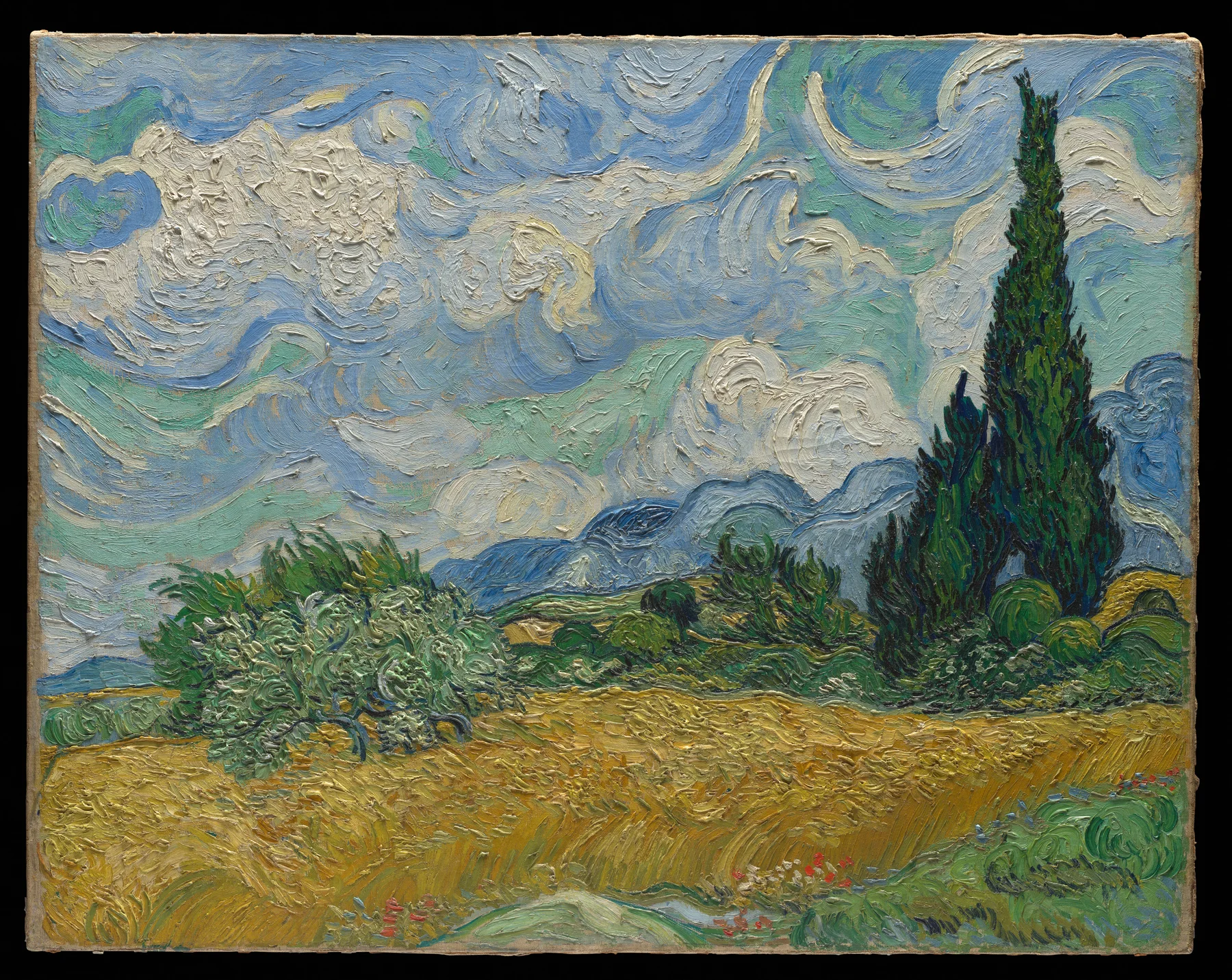 Vincent van Gogh's 1889 oil painting Wheat Field with Cypresses, showing a golden wheat field, olive trees and dark cypresses under a swirling blue sky